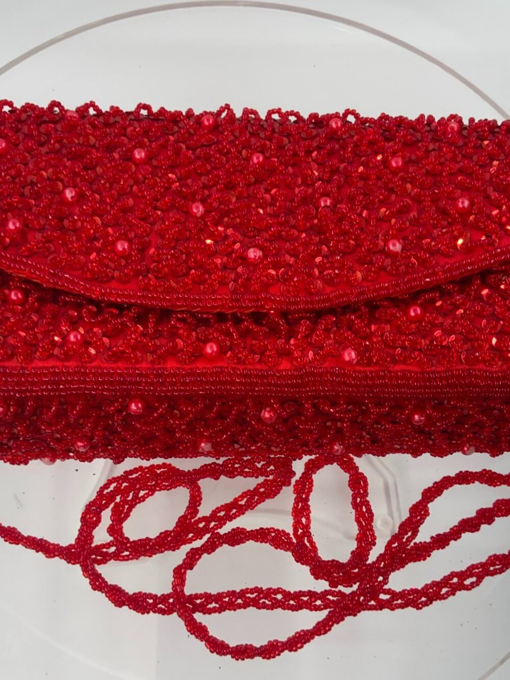 Vintage Red Beaded Sequin Evening Clutch Bag with Strap